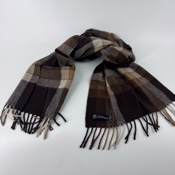 Edsor Crown 100% Cashmere Brown and Tan‎ Plaid Scarf with Fringe - Picture 2 of 6